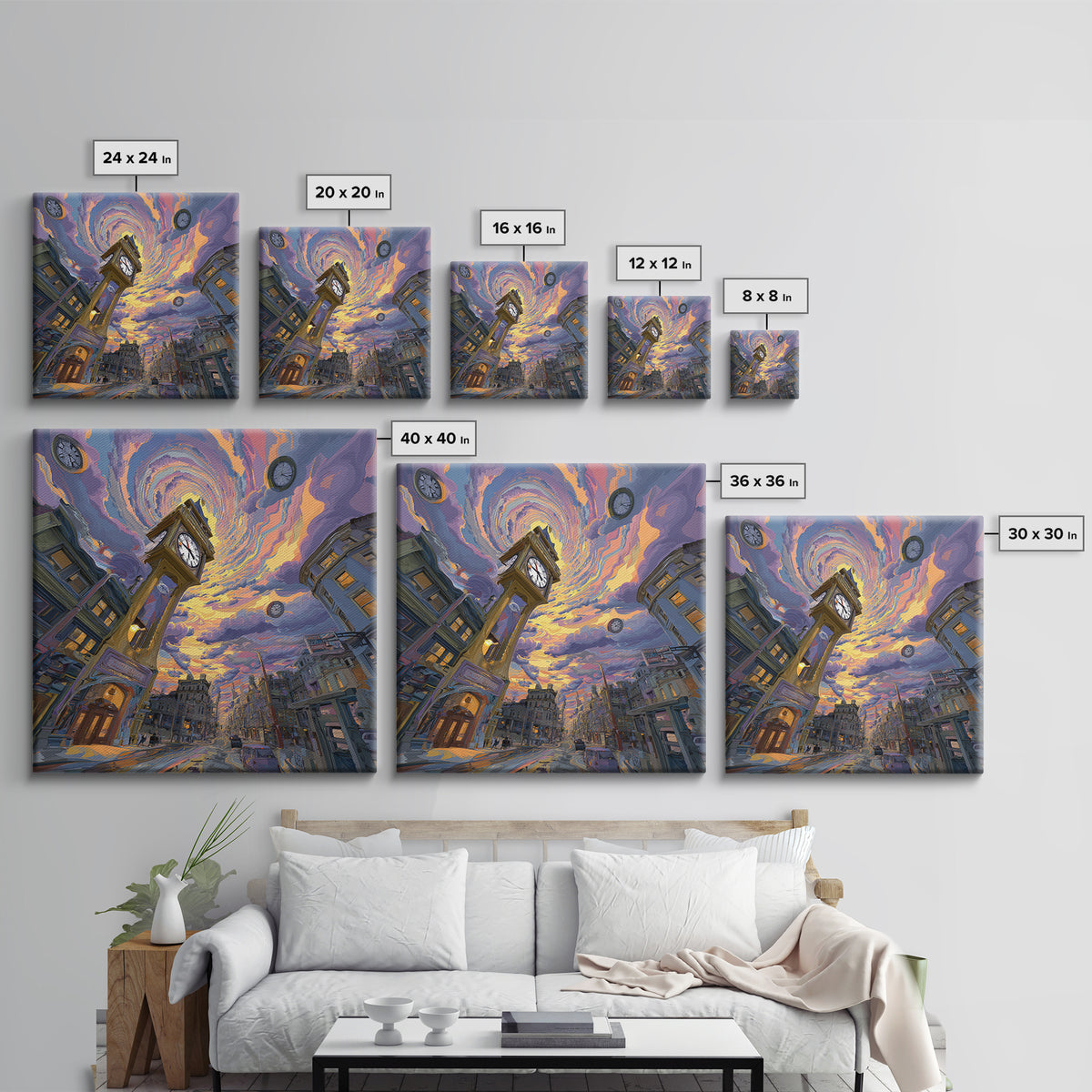 Surreal Cityscape With Clock Tower And Swirling Sky At Sunset Wall Art Framed Canvas Print For Home Decor