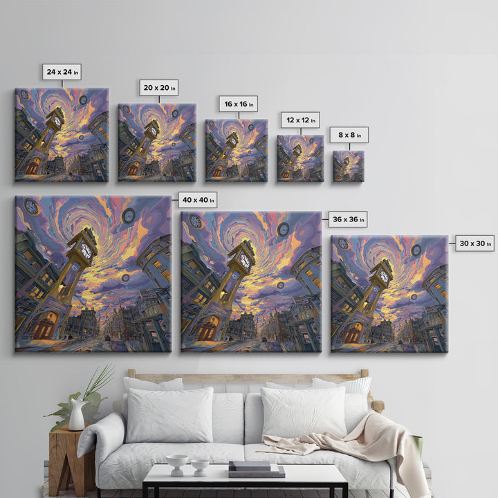 Surreal Cityscape With Clock Tower And Swirling Sky At Sunset Wall Art Framed Canvas Print For Home Decor