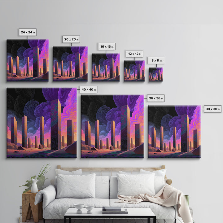 Neon Desert Monoliths Under Purple Sky Canvas Print, Futuristic Landscape Wall Art, Sci Fi Abstract Decor For Modern Home