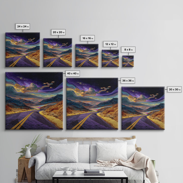 Cosmic Desert Highway Under Swirling Galaxy Sky Wall Art, Surreal Colorful Landscape Canvas Print, Modern Decor