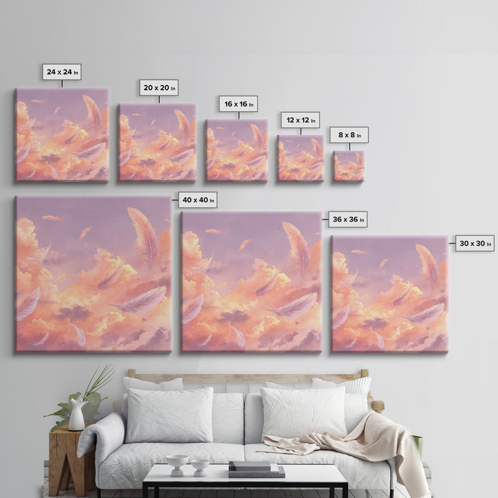 Pink Feather Sky Canvas Print, Dreamy Cloud Wall Decor, Celestial Nursery Art, Soft Pastel Bedroom Decor Gift For Her Art Print