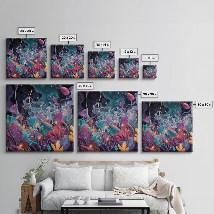 Glowing Alien Garden With Teal And Magenta Flowers Canvas Print, Psychedelic Botanical Wall Art, Whimsical Room Decor Gift