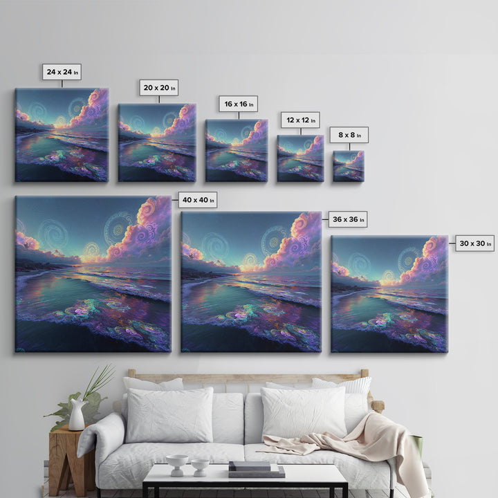 Surreal Neon Ocean Sunset Canvas Print, Retro Coastal Wall Art, Beach House Decor, Modern Seascape Wall Art For Living Room