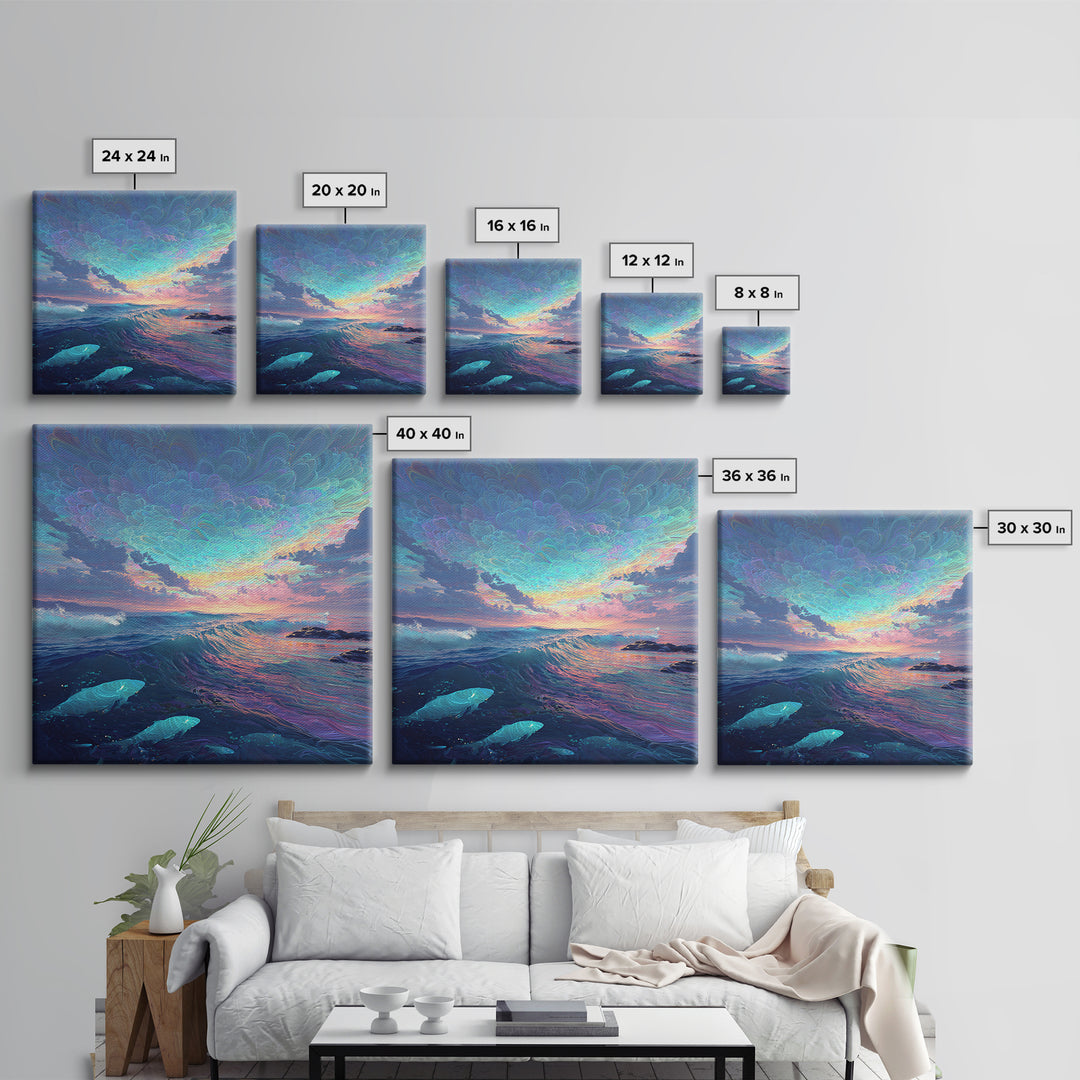 Dreamy Ocean Wave Sunset Wall Art Canvas Print, Colorful Seascape Painting, Modern Coastal Decor, Beach House Wall Art