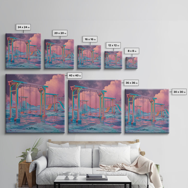 Surreal Neon Playground Landscape Wall Art, Dreamy Fantasy Seascape Canvas Print, Modern Home Decor, Statement Artwork