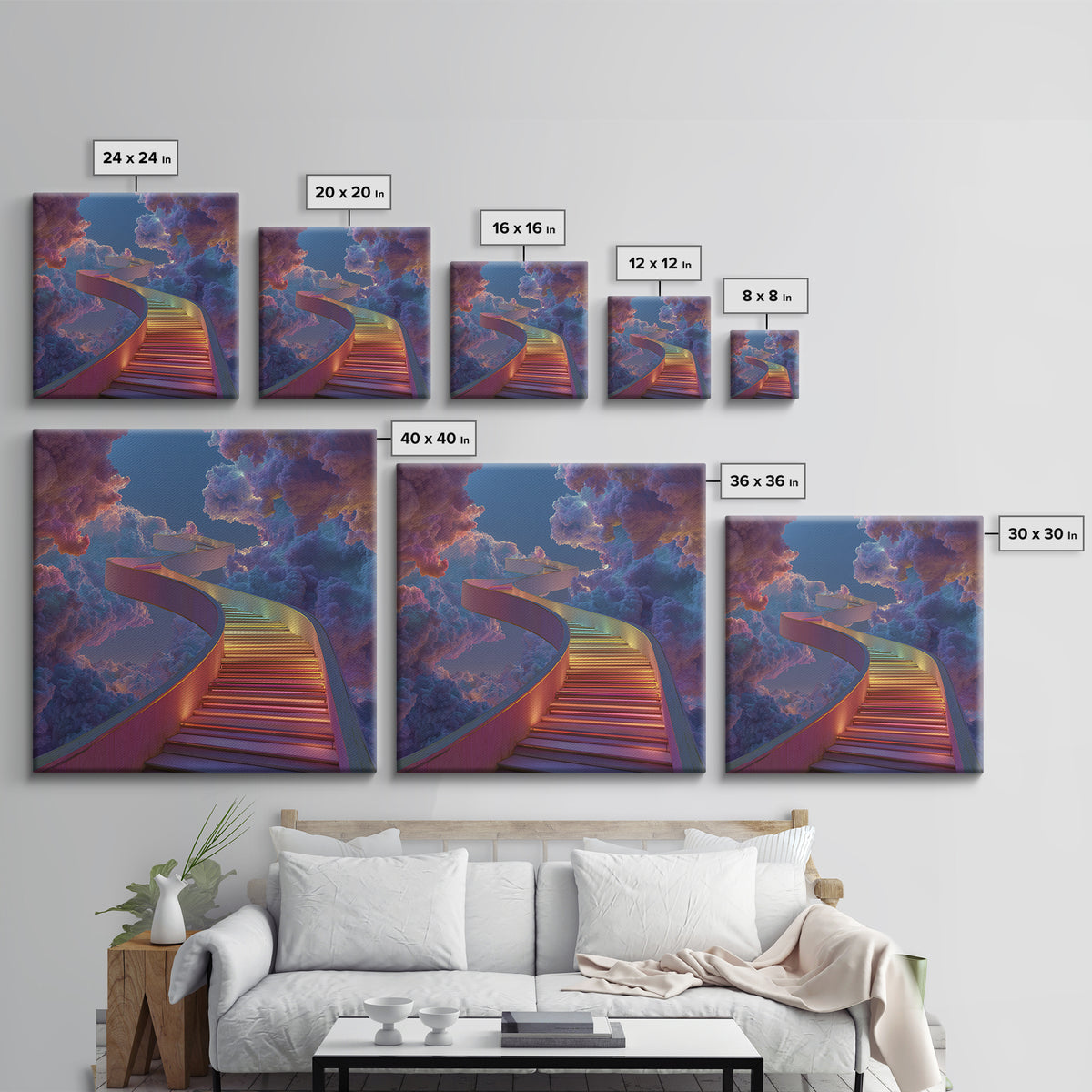 Rainbow Stairway Through Clouds Surreal Fantasy Wall Art, Dreamy Colorful Sky Canvas Print Home Decor