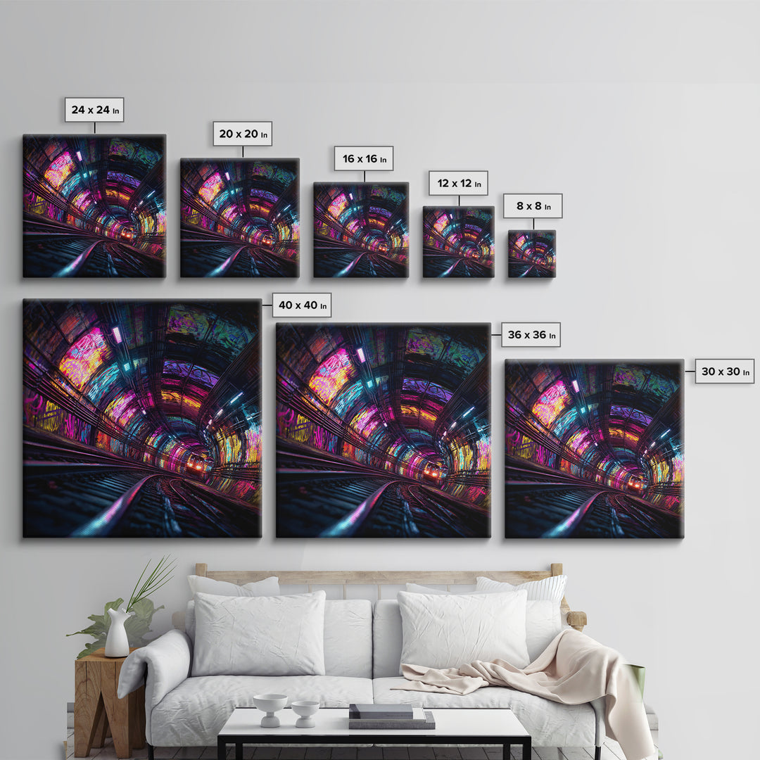 Neon Tunnel Cityscape Wall Art, Futuristic Subway Graffiti Canvas Print, Vibrant Urban Gaming Room Decor