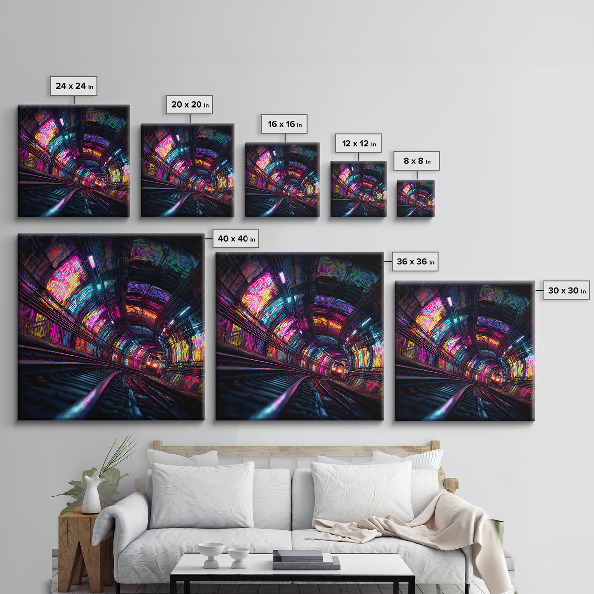 Neon Tunnel Cityscape Wall Art, Futuristic Subway Graffiti Canvas Print, Vibrant Urban Gaming Room Decor