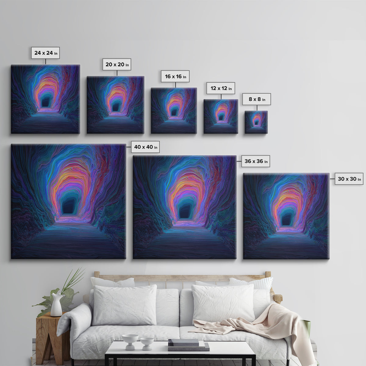 Colorful Abstract Tunnel Wall Art Neon Rainbow Cave Surreal Landscape Modern Statement Canvas Print Gaming Room Decor