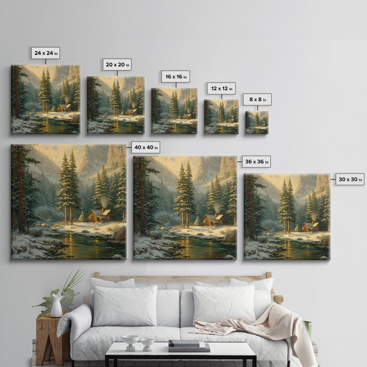 Cozy Winter Cabin By River Landscape Wall Art, Snowy Mountain Sunset Canvas Print, Rustic Farmhouse Decor Living Room Art