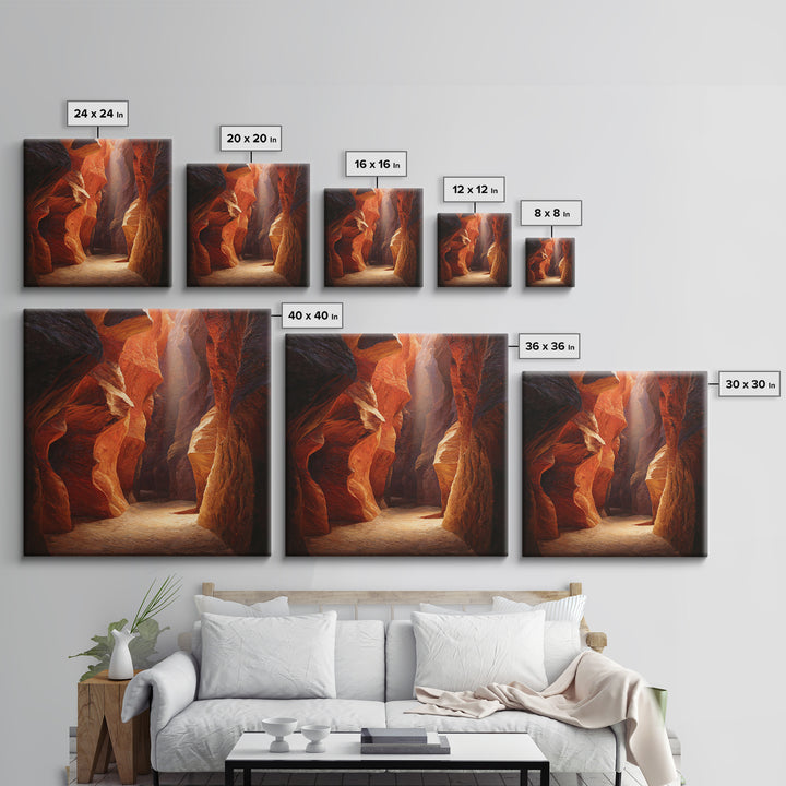 Sunlit Slot Canyon Textured Wall Art, Dramatic Red Rock Landscape Canvas Print, Vertical Desert Painting For Entryway Or Living Room Decor