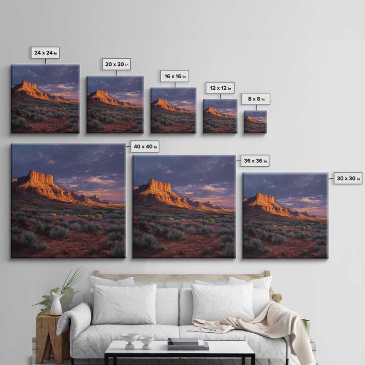 Desert Butte At Sunset Wall Art, Dramatic Western Landscape Canvas Print, Southwest Home Decor For Living Room Or Office