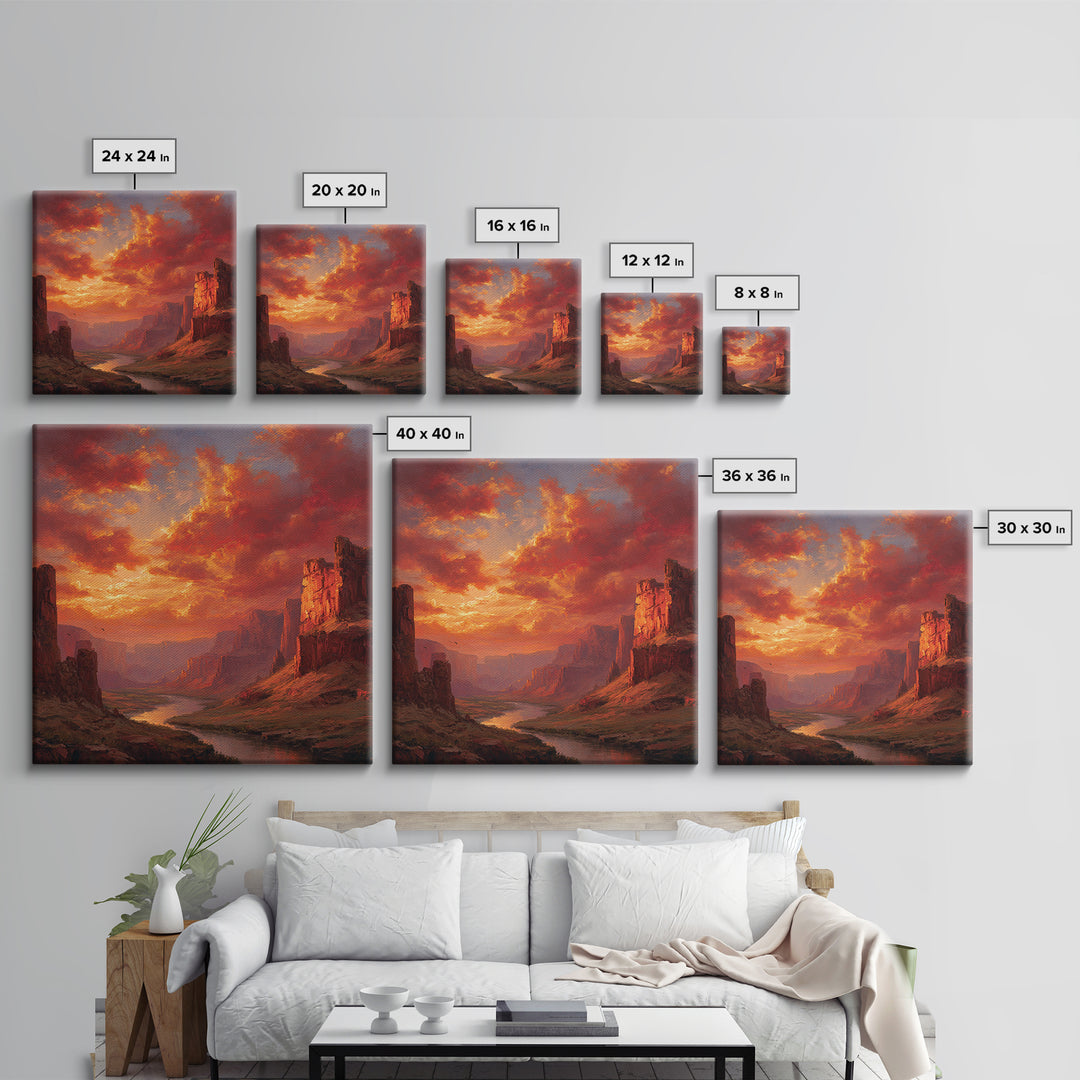 Majestic Canyon River Landscape At Sunset Wall Art Oil Painting Framed Canvas Print Rustic Home Decor