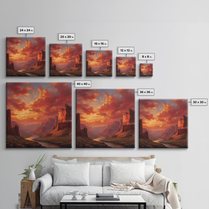 Majestic Canyon River Landscape At Sunset Wall Art Oil Painting Framed Canvas Print Rustic Home Decor