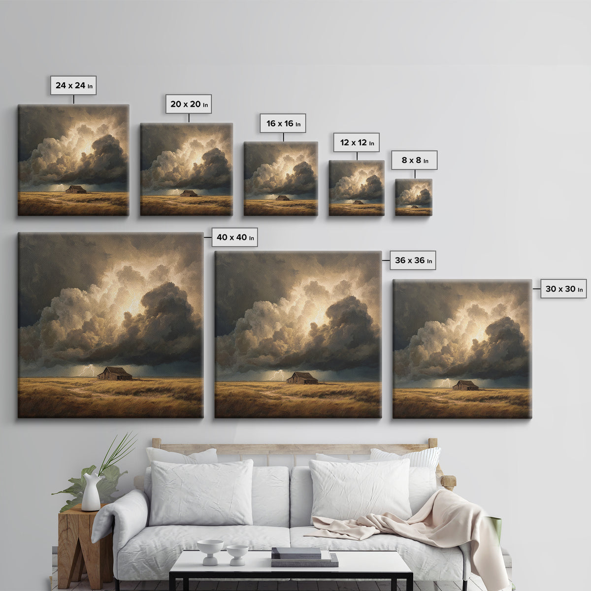 Stormy Sky Over Rustic Barn Landscape Painting Wall Art, Dramatic Lightning Cloud Print, Country Farmhouse Rustic Decor