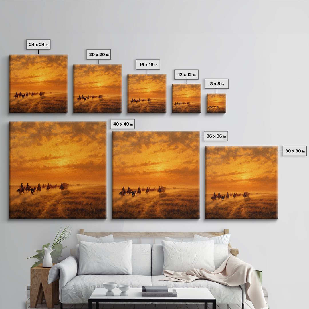 Western Cowboy Cattle Drive At Sunset Wall Art, Desert Landscape Print, Rustic Home Decor, Living Room Wall Art Canvas Print