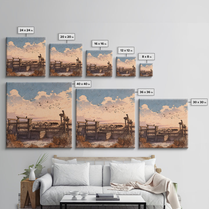 Western Ranch At Sunset Wall Art, Rustic Cowboy Landscape Canvas Print, Desert Farmhouse Decor For Living Room Or Office