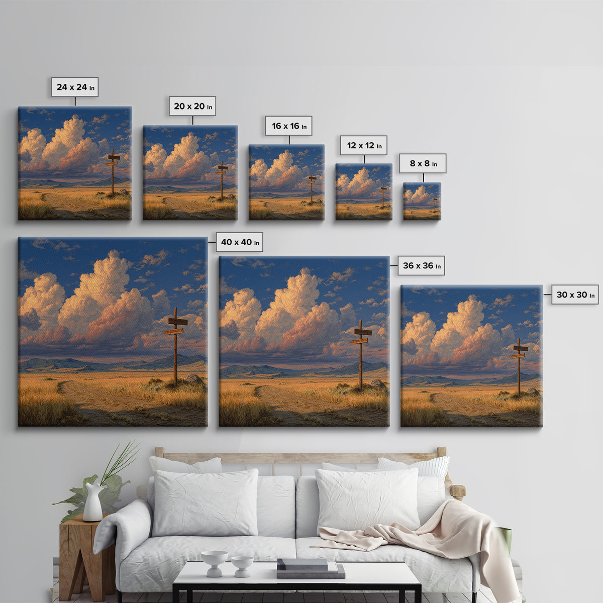 Golden Prairie Road At Crossroads Landscape Wall Art For Rustic Home Decor, Western Country Living Room Canvas Print