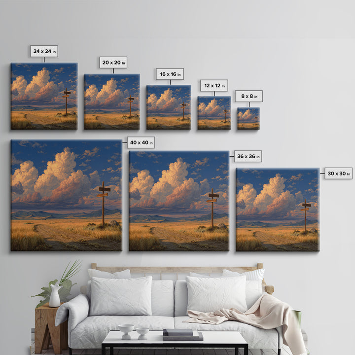 Golden Prairie Road At Crossroads Landscape Wall Art For Rustic Home Decor, Western Country Living Room Canvas Print