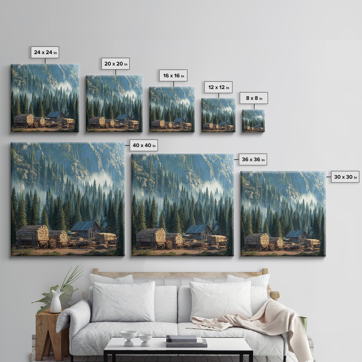 Cozy Cabin In Misty Pine Forest Wall Art, Rustic Mountain Landscape Canvas Print, Farmhouse Country Home Decor
