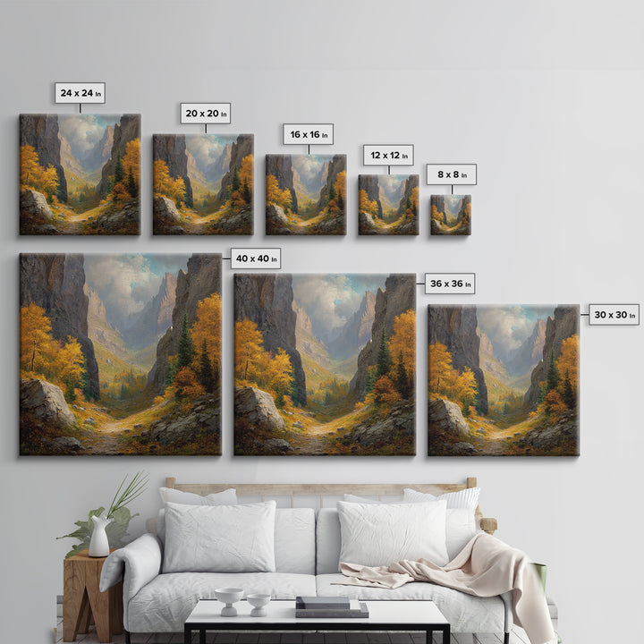 Golden Autumn Mountain Valley Path Landscape Wall Art, Cozy Fall Forest Canyon Living Room Canvas Print