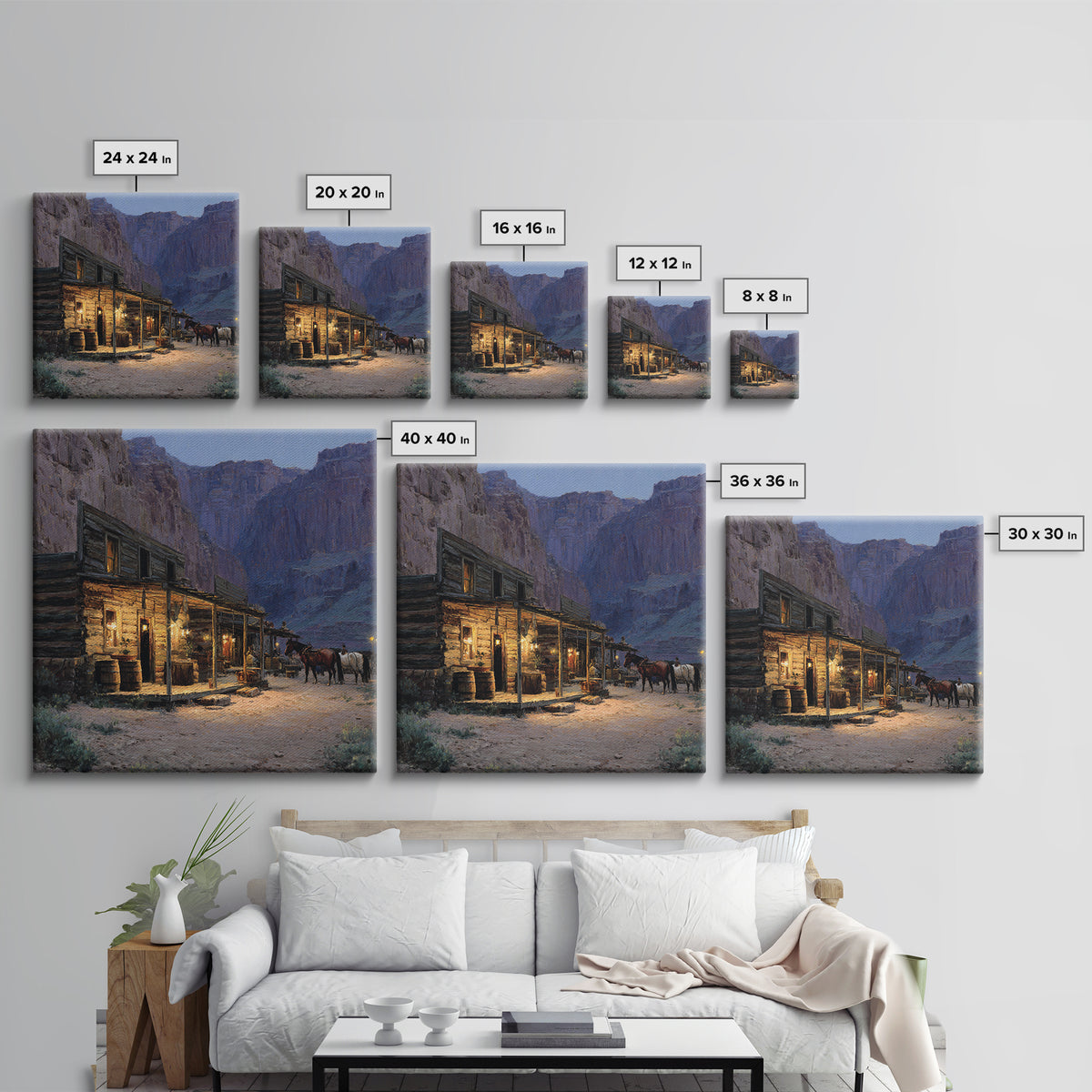 Cozy Old Western Cabin At Dusk Wall Art, Rustic Farmhouse Landscape Print, Country Home Decor, Living Room Rustic Canvas Print