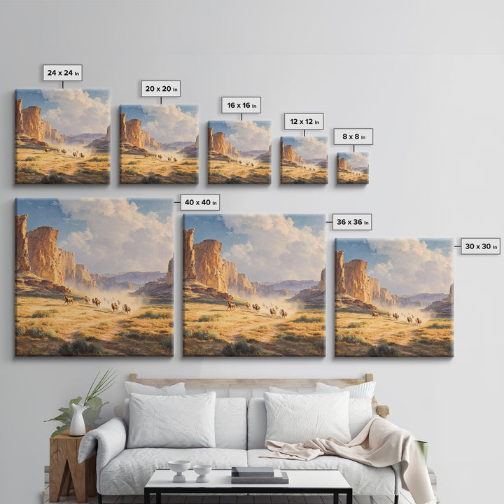 Wild Mustangs Running Through Desert Canyon Landscape Wall Art Western Country Home Decor Large Modern Landscape Print