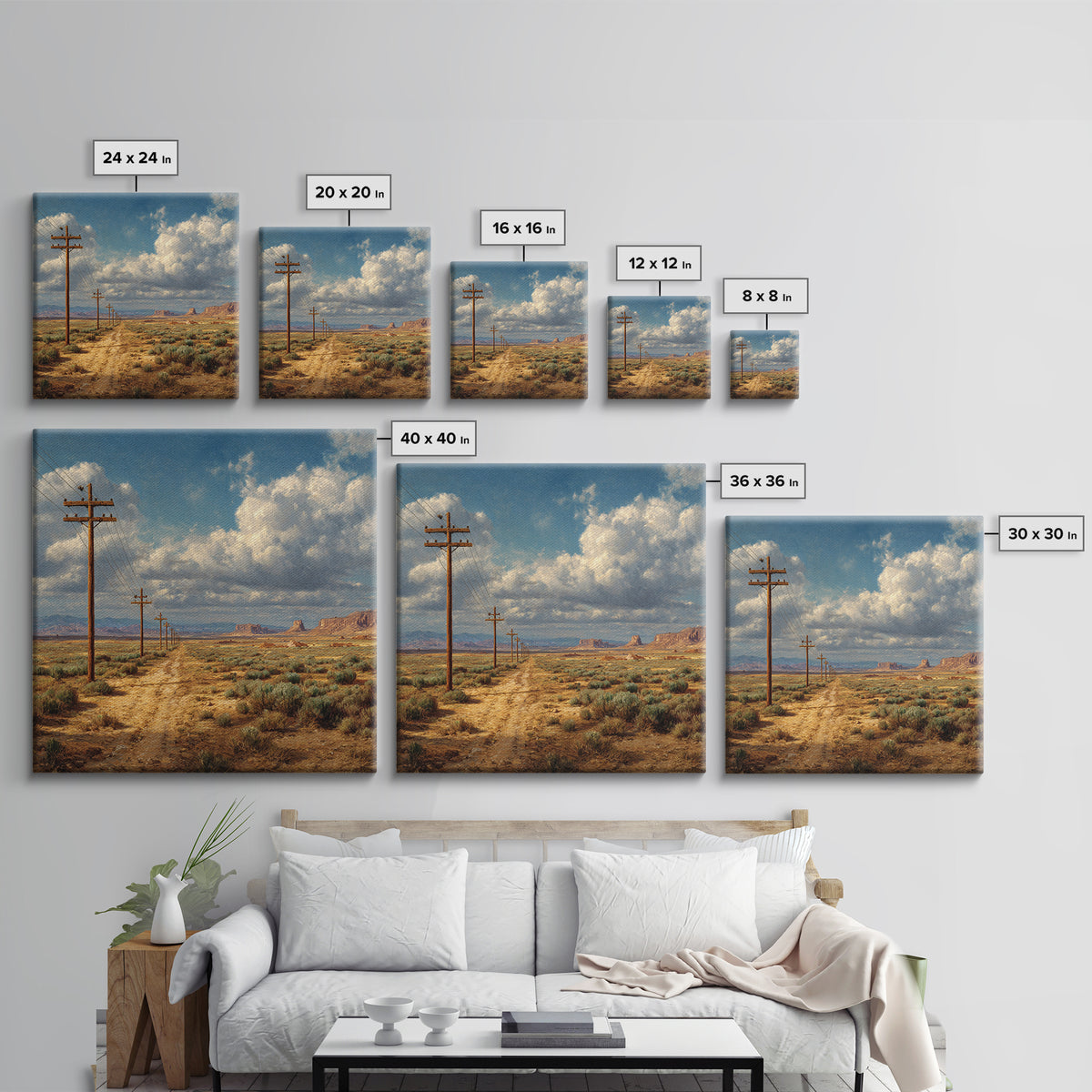 Desert Telephone Poles Landscape Wall Art Print, Rustic Country Road Western Decor, Neutral Landscape Canvas Print For Living Room