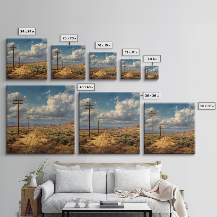 Desert Telephone Poles Landscape Wall Art Print, Rustic Country Road Western Decor, Neutral Landscape Canvas Print For Living Room
