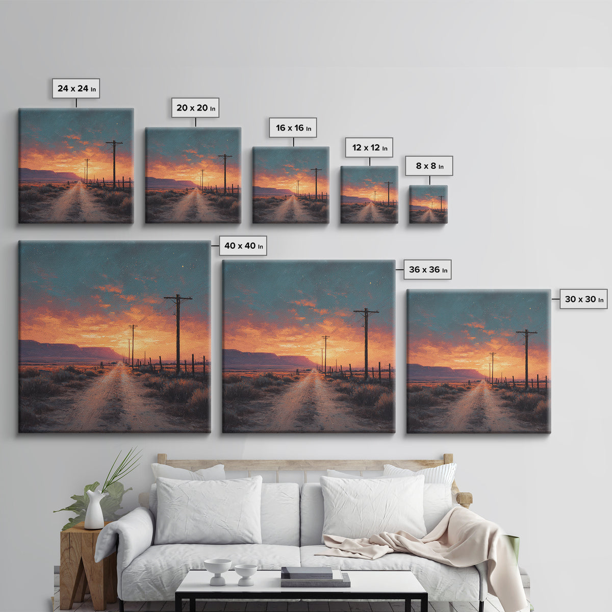 Country Dirt Road Sunset Landscape Wall Art, Warm Rustic Western Painting, Farmhouse Home Decor Large Framed Canvas Print