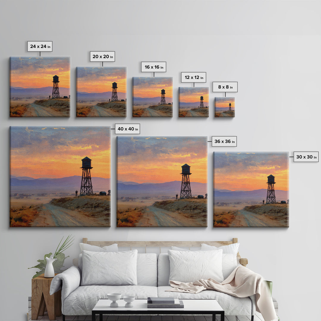 Western Sunset Water Tower Landscape Wall Art, Cowboy Desert Road Canvas Print, Rustic Country Home Decor For Living Room Or Office