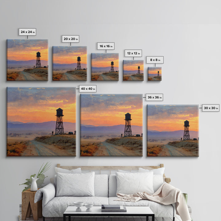 Western Sunset Water Tower Landscape Wall Art, Cowboy Desert Road Canvas Print, Rustic Country Home Decor For Living Room Or Office