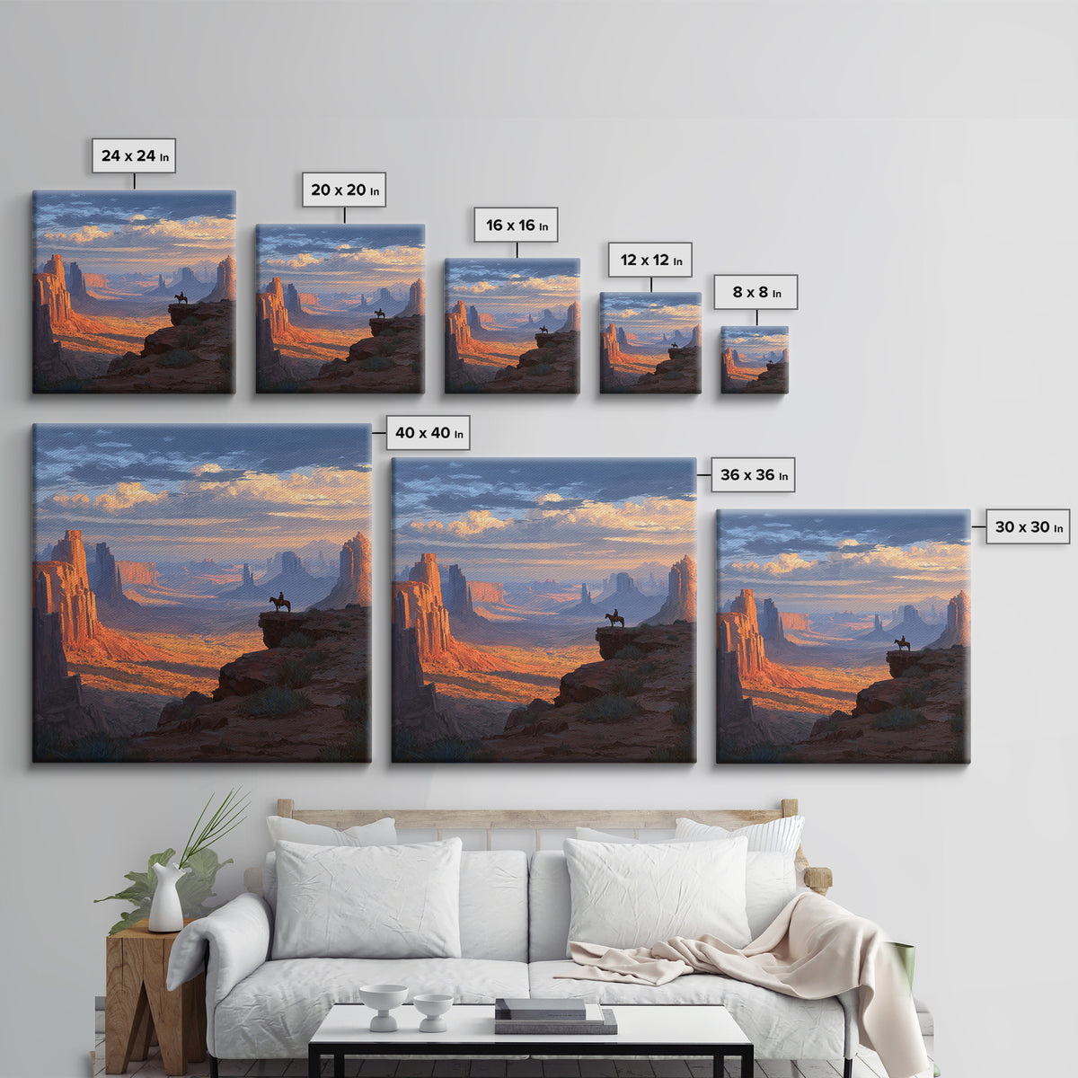Monument Valley Cowboy Panorama Wall Art, Western Desert Landscape Canvas Print, Large Rustic Living Room Decor