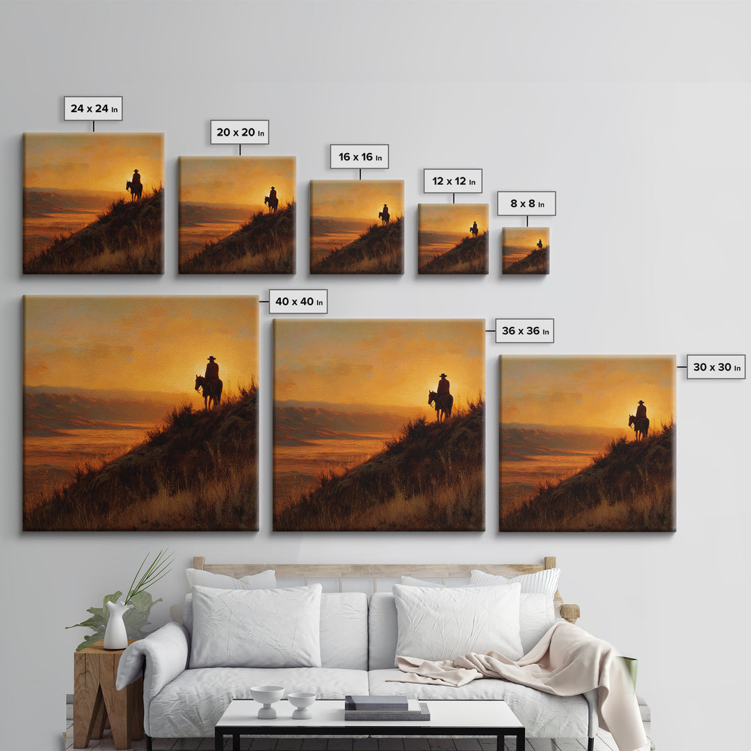 Western Cowboy Sunset Hill Painting Wall Art, Rustic Horse Rider Canvas Print, Warm Desert Landscape Home Decor