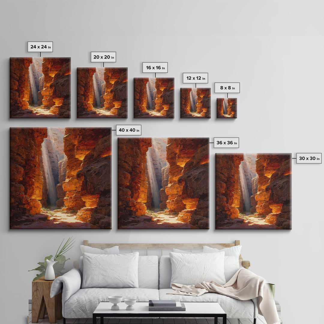 Golden Canyon Sun Rays Desert Landscape Wall Art Print, Southwestern Rustic Decor, Warm Nature Painting Living Room Art