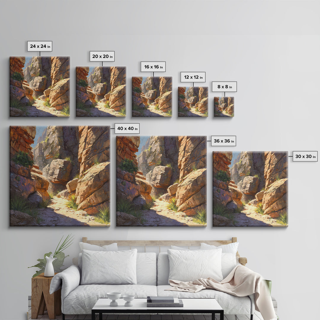 Sunlit Desert Canyon Trail Landscape Wall Art, Warm Southwest Rocks And Sage Green Nature Canvas Print