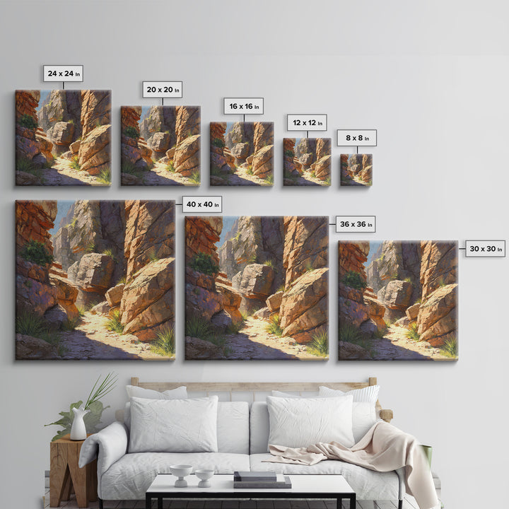 Sunlit Desert Canyon Trail Landscape Wall Art, Warm Southwest Rocks And Sage Green Nature Canvas Print