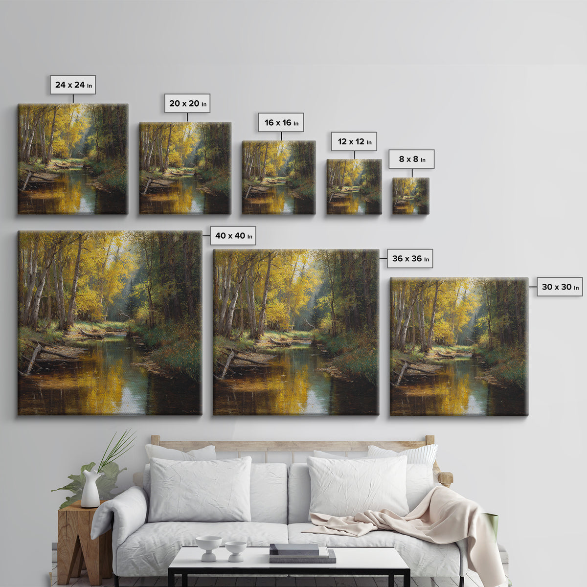 Golden Forest Creek Wall Art, Autumn Landscape Canvas Print, Rustic Nature Painting For Cozy Living Room Decor