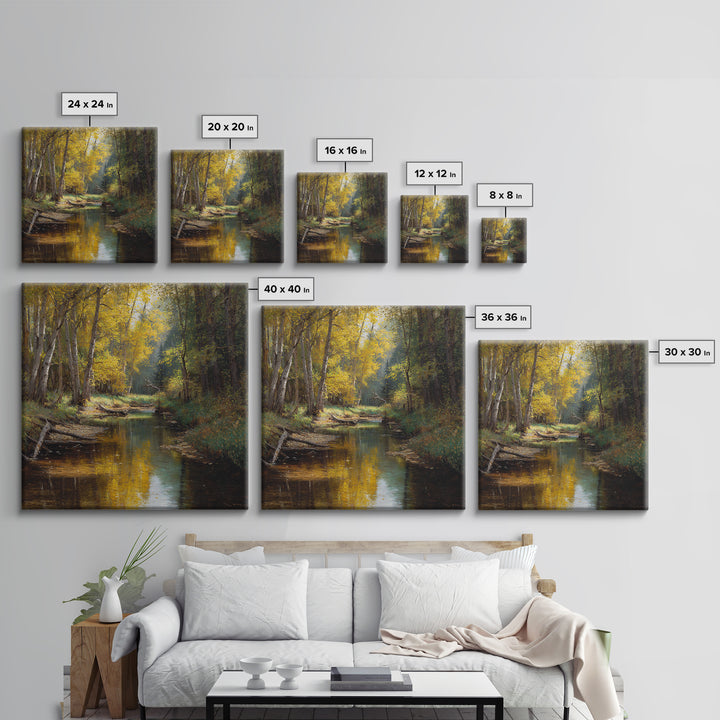 Golden Forest Creek Wall Art, Autumn Landscape Canvas Print, Rustic Nature Painting For Cozy Living Room Decor