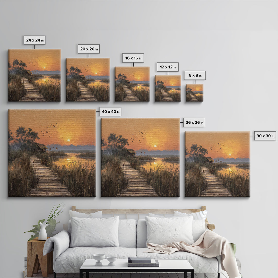 Peaceful Sunset Over Lakeside Cabin And Boardwalk Nature Landscape Wall Art Framed Canvas Print For Living Room