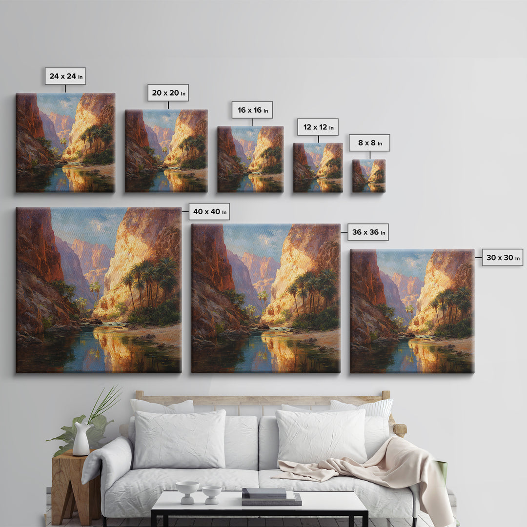 Sunlit Desert Canyon Oasis Landscape Wall Art Canvas Print, Modern Southwestern Nature Painting For Living Room Home Decor