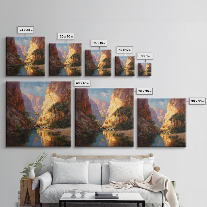 Sunlit Desert Canyon Oasis Landscape Wall Art Canvas Print, Modern Southwestern Nature Painting For Living Room Home Decor