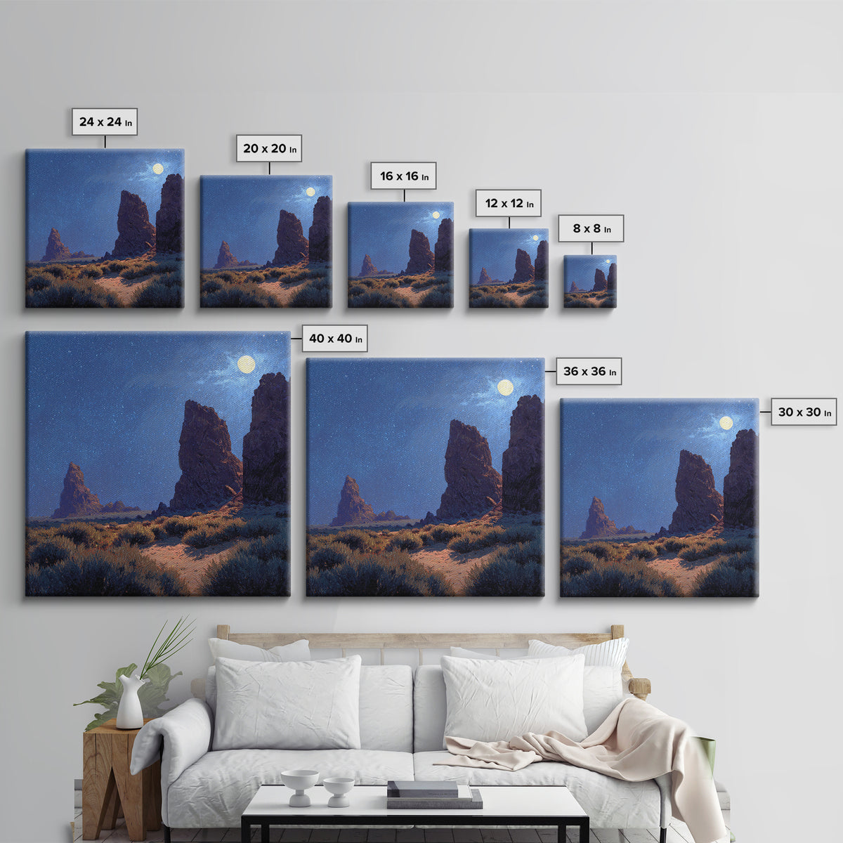 Moonlit Desert Rocks Wall Art, Night Sky Landscape Painting, Southwestern Stars Print, Calming Rustic Home Decor Canvas Print