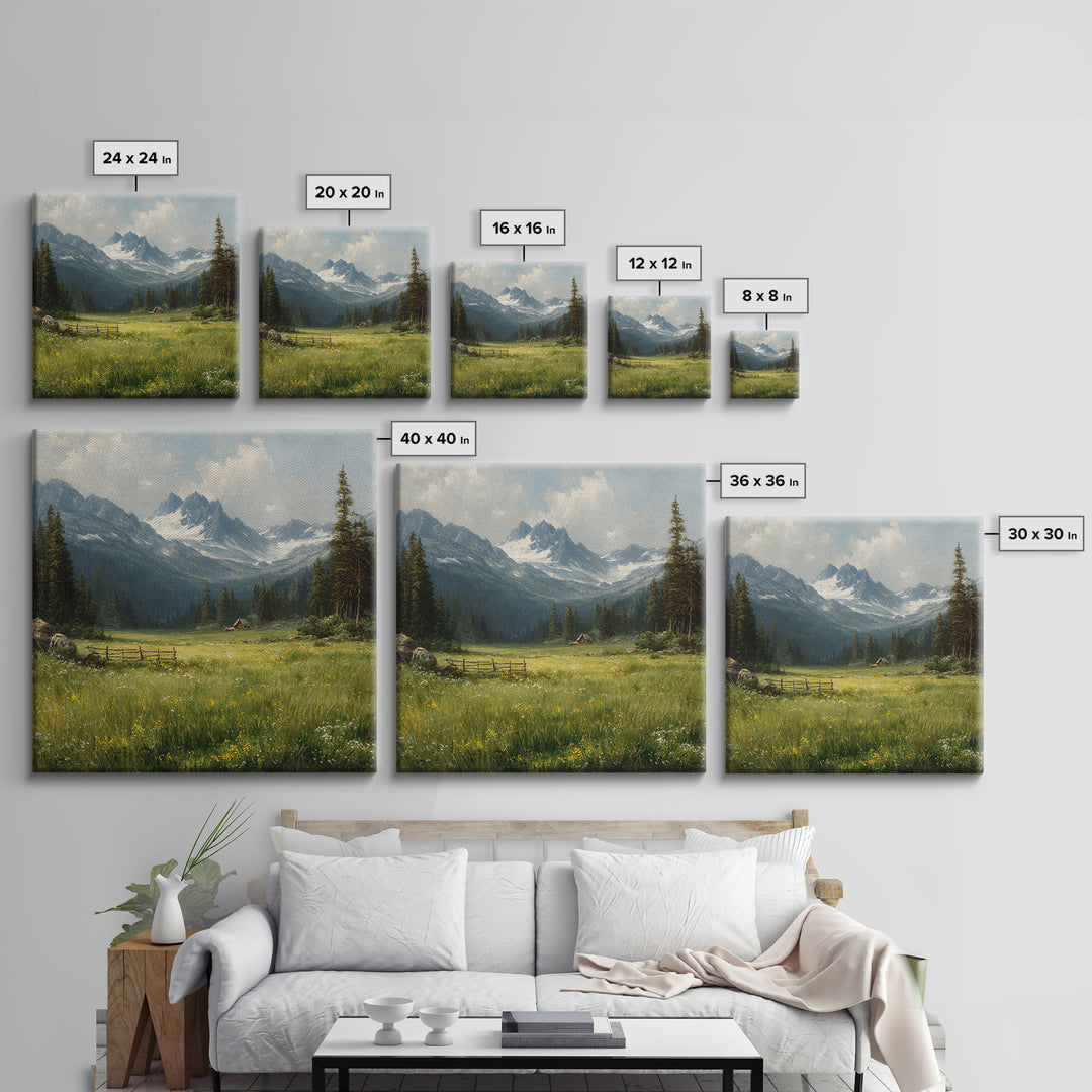 Alpine Meadow Cabin Landscape Wall Art, Mountain Valley Oil Painting Print, Rustic Country Home Decor Living Room Wall Art
