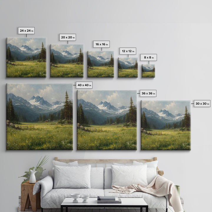 Alpine Meadow Cabin Landscape Wall Art, Mountain Valley Oil Painting Print, Rustic Country Home Decor Living Room Wall Art