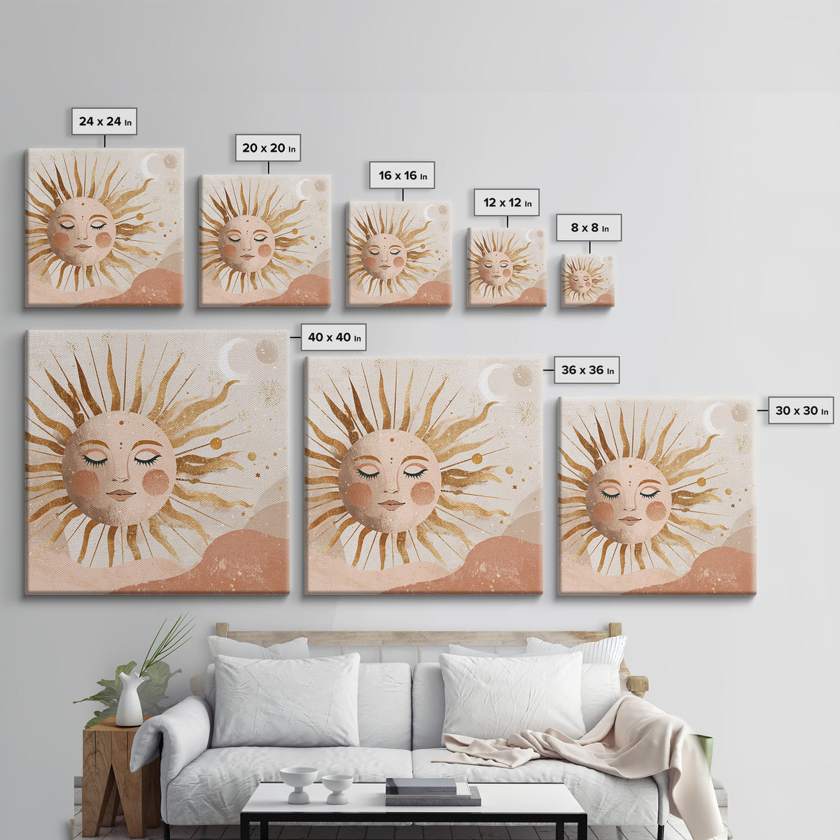 Boho Sun And Moon Wall Art, Celestial Gold Face Print, Whimsical Nursery Decor, Spiritual Bedroom Canvas Gift For Her Home Decor