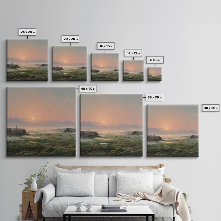 Misty Sunrise Farm Landscape Wall Art, Rustic Country Barn Pasture Print, Farmhouse Wall Decor Living Room Wall Art
