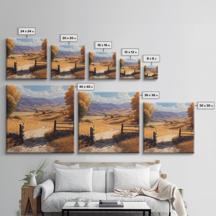 Golden Country Road Autumn Landscape Wall Art, Rustic Farmhouse Canvas Print For Cozy Living Room Decor