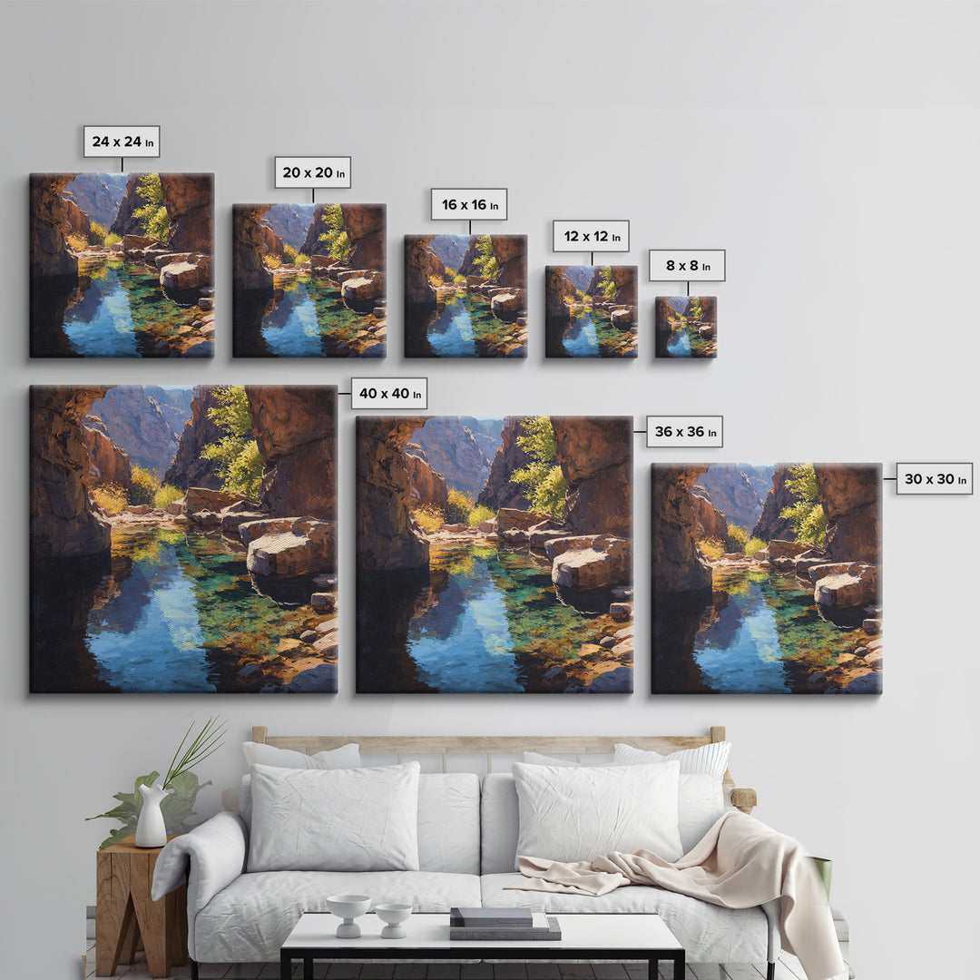 Sunlit Canyon Creek Landscape Oil Painting Wall Art, Nature Mountain Stream Canvas Print, Rustic Cabin Decor Modern Landscape