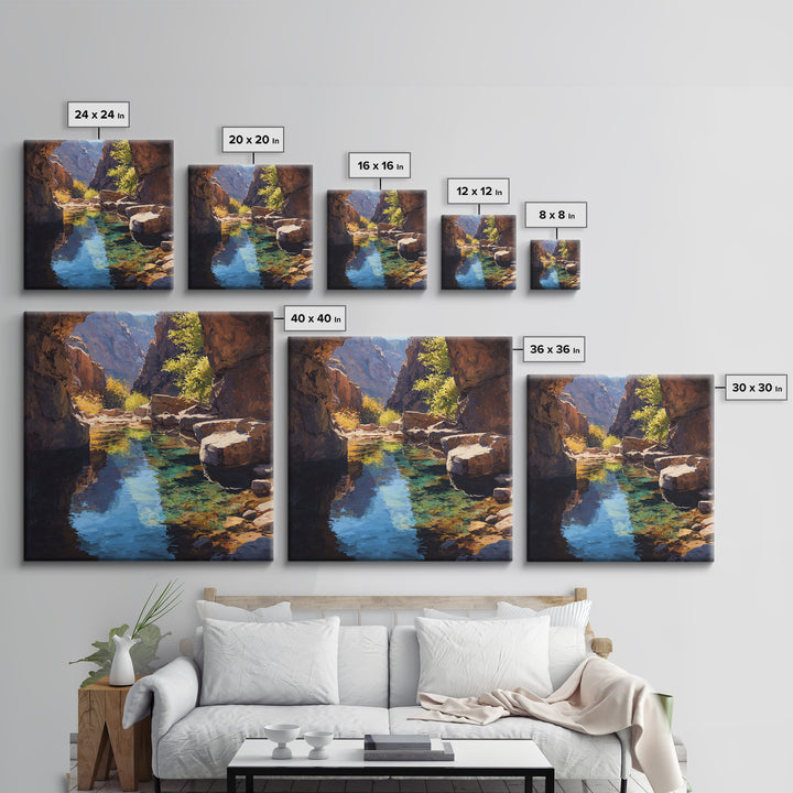 Sunlit Canyon Creek Landscape Oil Painting Wall Art, Nature Mountain Stream Canvas Print, Rustic Cabin Decor Modern Landscape